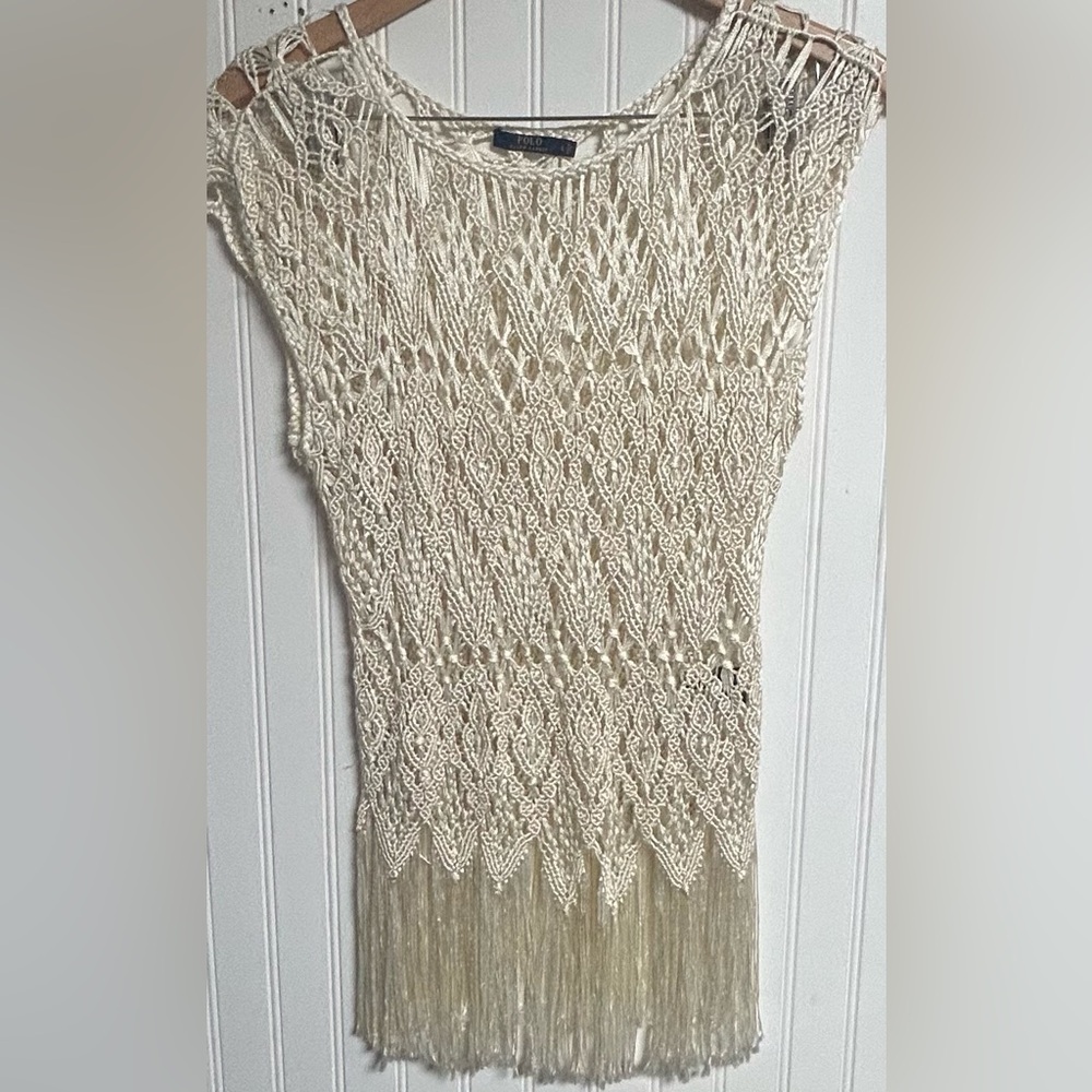 Polo Ralph Lauren Knit Fringe Boho Top Ivory Crochet Bohemian Women’s Size Large
